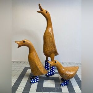 DCUK Hand Carved Set Of 3 Wooden Duck Figurines Blue Polka Dot Rain Boots